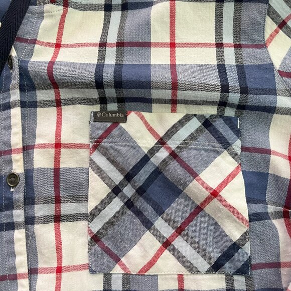 Columbia Flannel Womens XL Red White Blue Plaid Drawstring Button Up Hoodie - Picture 4 of 13